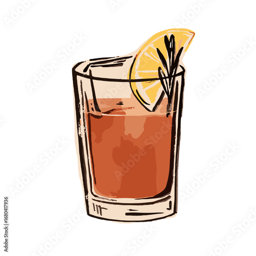 Hand drawn illustration of a refreshing cocktail with a lemon slice and rosemary garnish. Sketchy style alcoholic beverage in a glass on a transparent background.