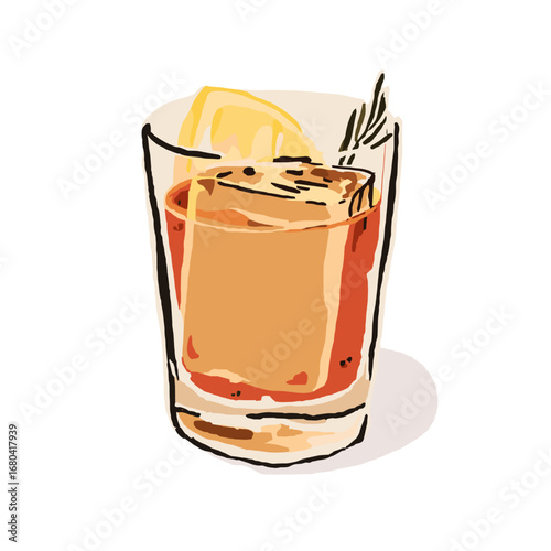 Hand-drawn illustration of a classic cocktail on the rocks with a lemon twist. Stylized vector art of an Old Fashioned or Negroni drink in a glass.