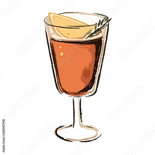 Hand-drawn illustration of a refreshing cocktail with an orange slice and rosemary garnish. Sketchy artistic drawing of an alcoholic beverage on a transparent background.