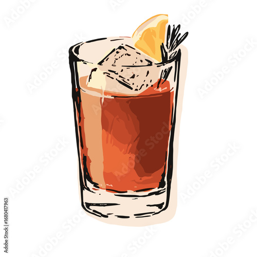 Hand-drawn illustration of a classic cocktail with an orange slice and rosemary garnish. Sketchy and artistic drink in a glass on a transparent background.
