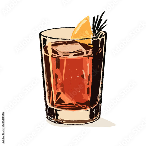 Hand drawn illustration of a classic Negroni cocktail with an orange slice and rosemary garnish. Refreshing alcoholic beverage in a glass with ice.
