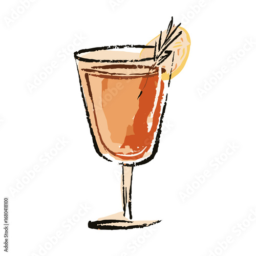 Hand-drawn illustration of a cocktail in a glass with a lemon slice and rosemary garnish. Artistic sketch of an alcoholic beverage on a transparent background.