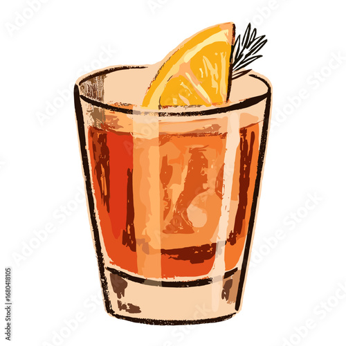 Hand-drawn illustration of a classic cocktail with an orange slice and rosemary garnish. Refreshing alcoholic beverage in a rocks glass, isolated on a transparent background.