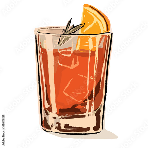 Hand-drawn illustration of a classic Negroni cocktail in a glass with ice, garnished with an orange slice and a sprig of rosemary. Isolated vector style art.