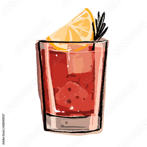 Hand-drawn illustration of a red cocktail with a lemon wedge and rosemary garnish. Refreshing alcoholic beverage in a glass with ice cubes on a transparent background.