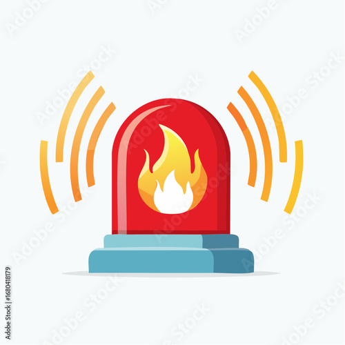 A red fire alarm siren with a flame icon inside, emitting orange sound waves, signaling an emergency or warning.