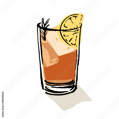 Hand-drawn illustration of a refreshing iced tea or cocktail in a glass with a lemon slice and herb garnish. Sketchy and modern vector art of a summer drink.