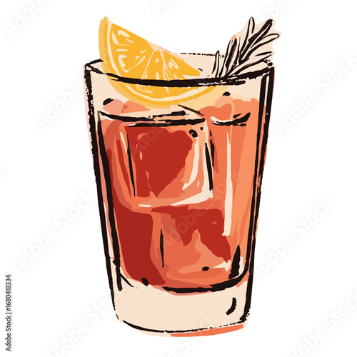 Hand-drawn illustration of a refreshing red cocktail with an orange slice and rosemary garnish. Sketchy and artistic drink in a glass with ice cubes on a transparent background.