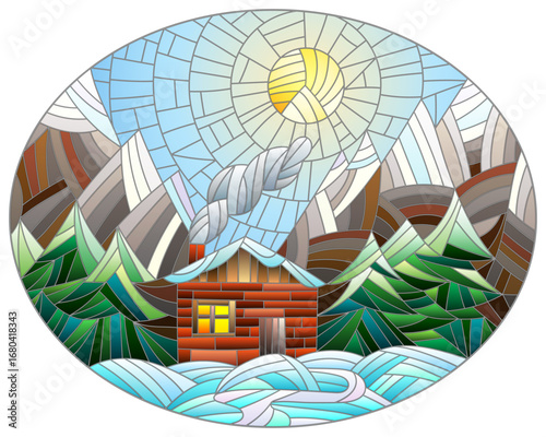 An illustration in vintage style winter landscape, village house and fir-tree on background of snow, sky and sun