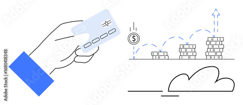 Hand holding a credit card next to stacked coins and upward arrows symbolizing financial growth. Ideal for finance, investment, savings, credit, cashless payments, banking, economic success. Clean