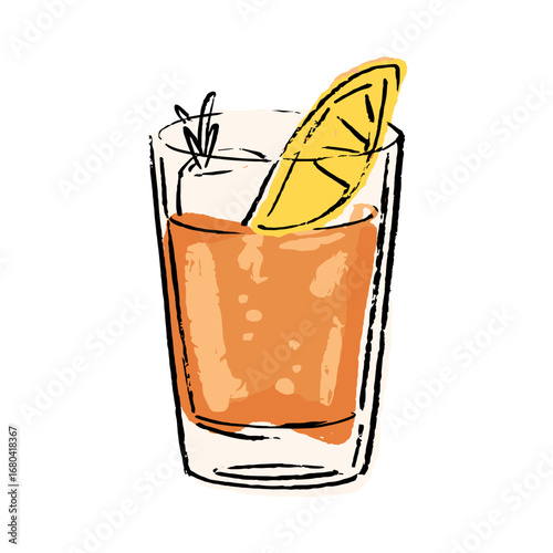 Hand-drawn illustration of a refreshing orange cocktail with a lemon wedge garnish. Sketchy summer beverage in a glass, isolated on a transparent background.