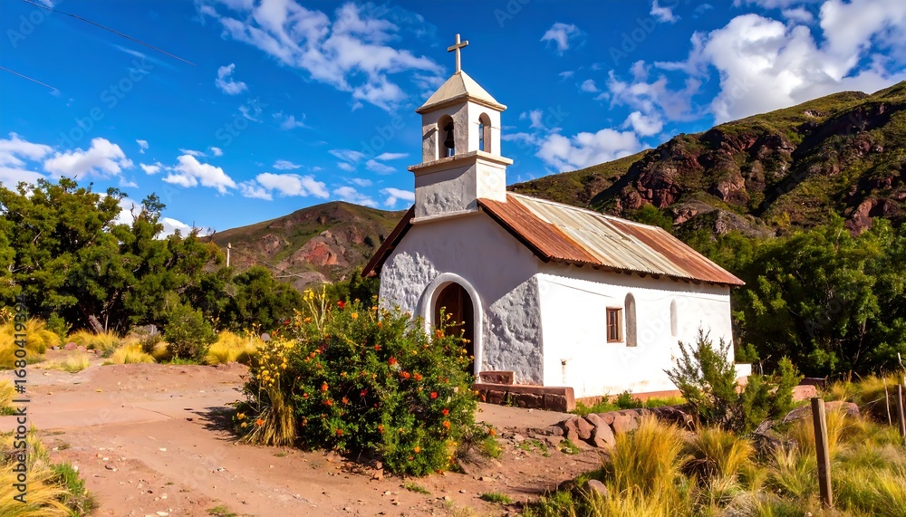 Fototapeta premium Rural whitewashed chapel in Andean mountains