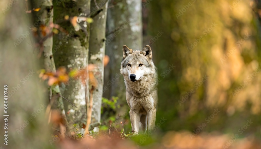 Naklejka premium Gray wolf in autumn forest