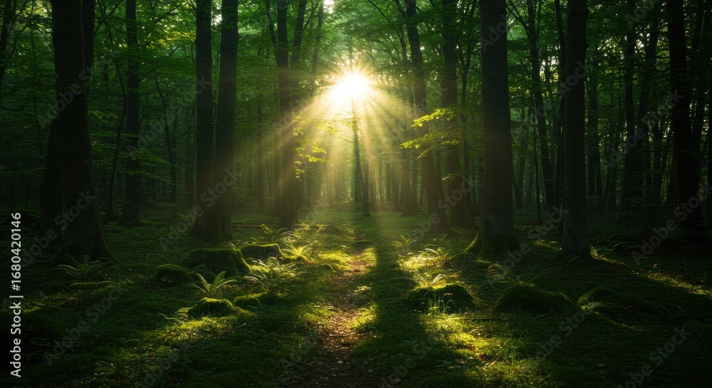 Naklejka premium Sunbeams in the Mystical Forest A Path of Light