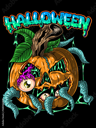 Mutant Pumpkin Horror – Creepy Eyeball Halloween Illustration