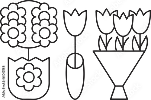 Three flower arrangements flowers in a pot, a single tulip in a vase, and a bouquet of tulips in a coneshaped wrapper
