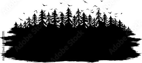 Halloween frame or badge with fir forest and flying birds