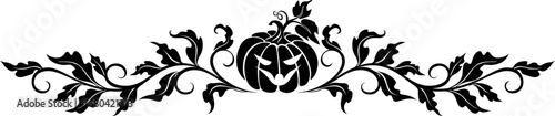 Pumpkin with ornate leaves. Vector horizontal border. Halloween decoration.