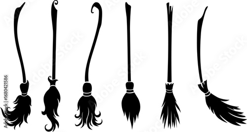 Brooms collection. Vector silhouette. Halloween decoration.
