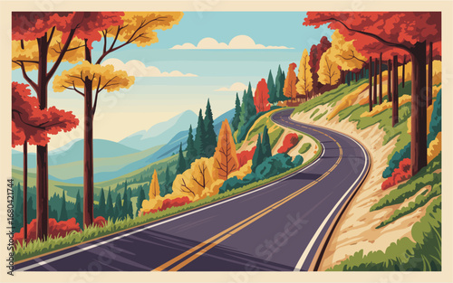 Flat vector illustration of a winding mountain road through a vibrant autumn forest with golden trees, fiery foliage, hazy mountains, and a peaceful scenic atmosphere