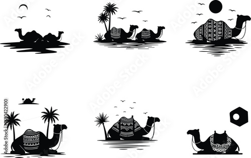 Camel silhouette desert scene, Arabian wildlife vector, palm tree oasis illustration, decorative saddle camel art, black and white desert animals, birds flying