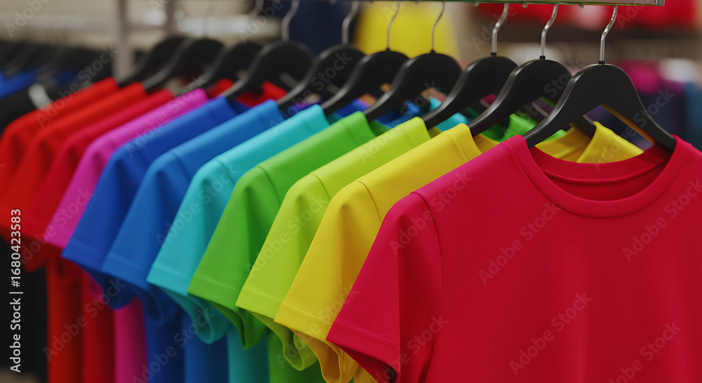 Obraz premium Colorful t-shirts hanging on hangers in retail store display