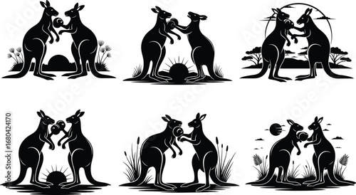 Kangaroo silhouette vector, mirrored animal pose, wildlife illustration, nature scene, affectionate kangaroo pair, moon and sun background, stock design asset