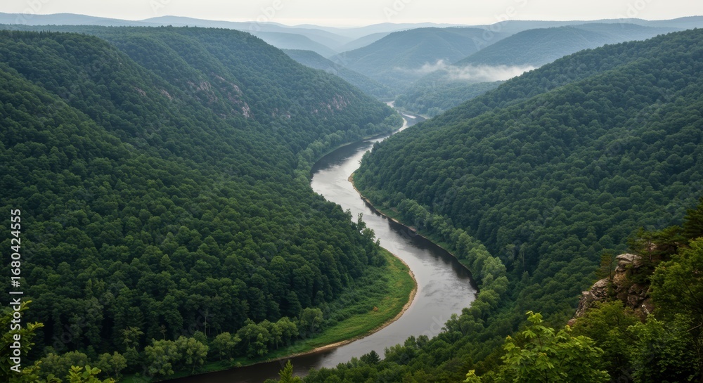Fototapeta premium Serpentine River Winding Through Lush Green Mountains