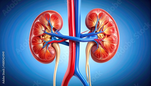 A realistic rendering of the kidneys blood flow, with the renal artery, Generated with AI.
