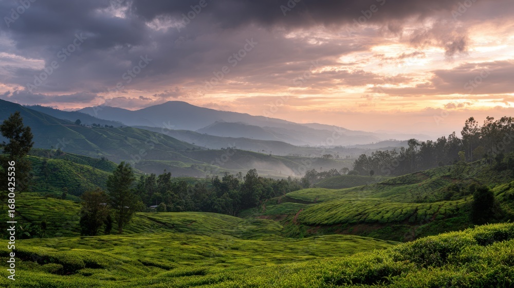 Obraz premium A Green Tea Plantation Under A Misty Sunrise Sky