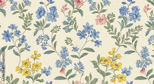 A seamless floral pattern with a hand-painted watercolor effect, featuring soft pink, blue, and yellow flowers