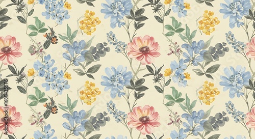 A seamless floral pattern with a hand-painted watercolor effect, featuring soft pink, blue, and yellow flowers