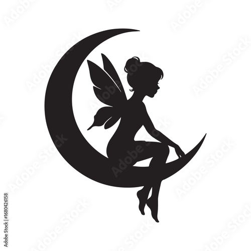 "Fairy Silhouette Sitting on Crescent Moon Clipart PNG"