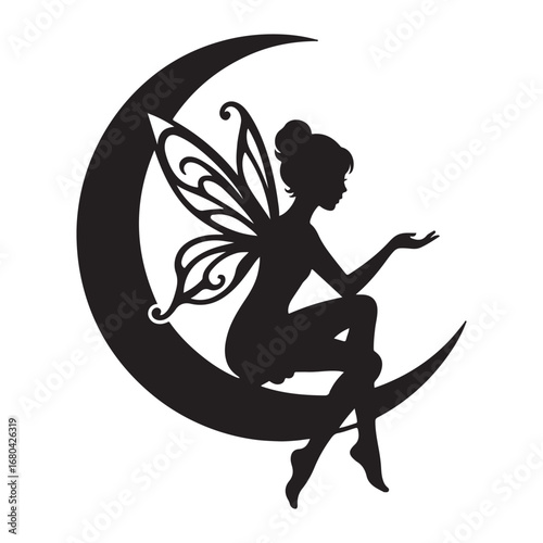 "Fairy Silhouette Sitting on Crescent Moon Clipart PNG"