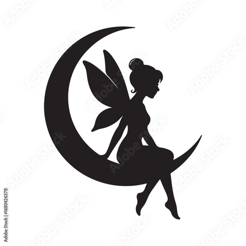 "Fairy Silhouette Sitting on Crescent Moon Clipart PNG"