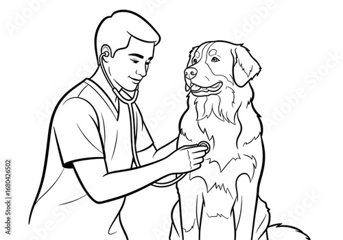 Veterinarian examining Bernese Mountain Dog in caring mood with stethoscope in outline illustration