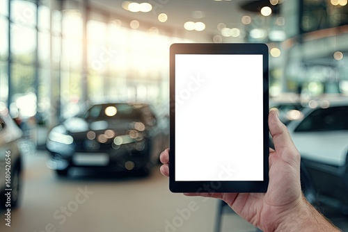 Hand holding blank tablet in car dealership