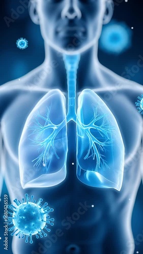 Human lung respiratory system virus infection anatomy medical health disease with medical hologram technology displaying transparent chest, detailed lungs, respiratory system, virus particles