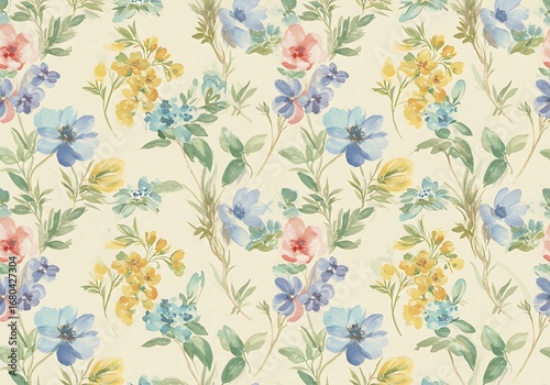 A seamless floral pattern with a hand-painted watercolor effect, featuring soft pink, blue, and yellow flowers
