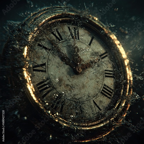 Antique clock submerged in water, time's passage