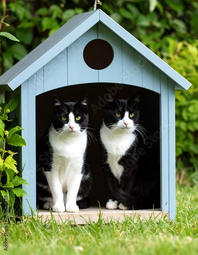 Two black and white cats in a light blue garden shed