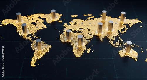 Global Nexus: A High-Tech World Map Forged in Golden Circuits and Silver Coin Capitals.