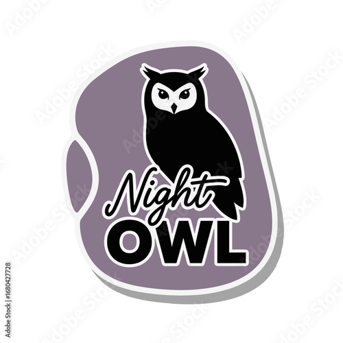 Night Owl logo design. A black silhouette of an owl on a purple background, vector illustration sticker.