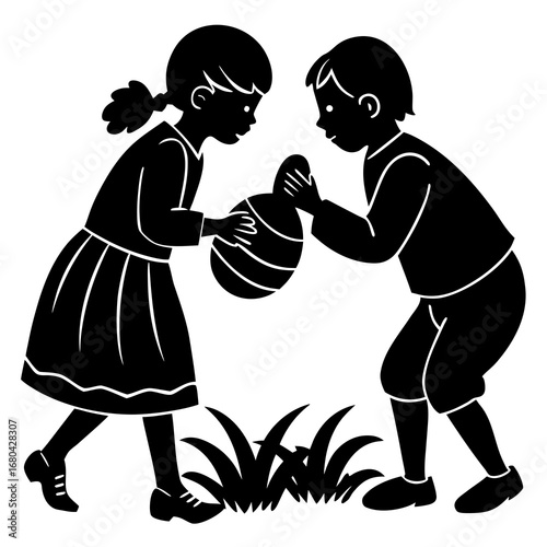 Children Playing and Sharing Together Silhouette