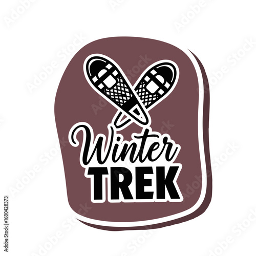 Winter TREK logo with crossed snowshoes. Winter sports emblem for hiking and adventure. Snowshoeing graphic design illustration.