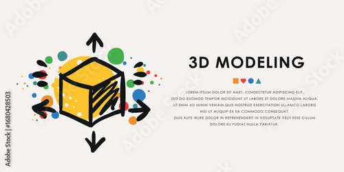 3D modeling doodle icon, banner concept vector design