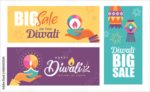 Set of happy Diwali Hindu festival posters design with colorful oil lamps, lanterns, fireworks and gift icons.

