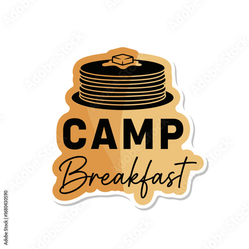 Camp Breakfast logo with a stack of pancakes. Sticker design for camping food and morning meals. Vector illustration for outdoor events and activities.