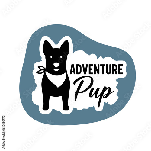 Adventure Pup logo design with a cute black dog. Stylized puppy illustration for a pet brand or sticker. Canine adventure graphic.