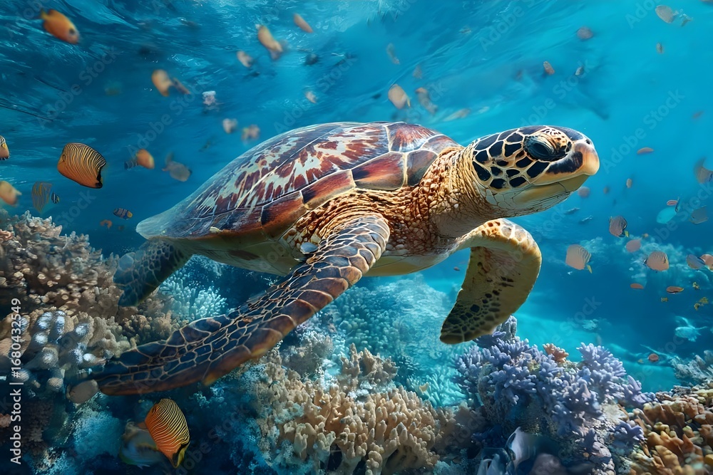 Fototapeta premium Sea turtle swims among colorful corals.